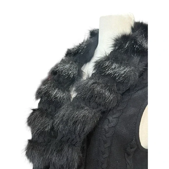 Ming Wang Sweater Vest Women L Black Faux Fur Trim Cable Knit Quiet Luxury Chic - Picture 10 of 15